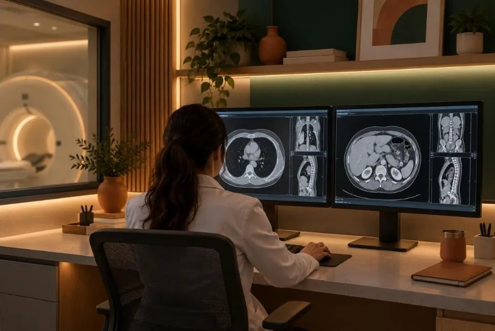 Radiologista analisando exames em monitores de alta resolução